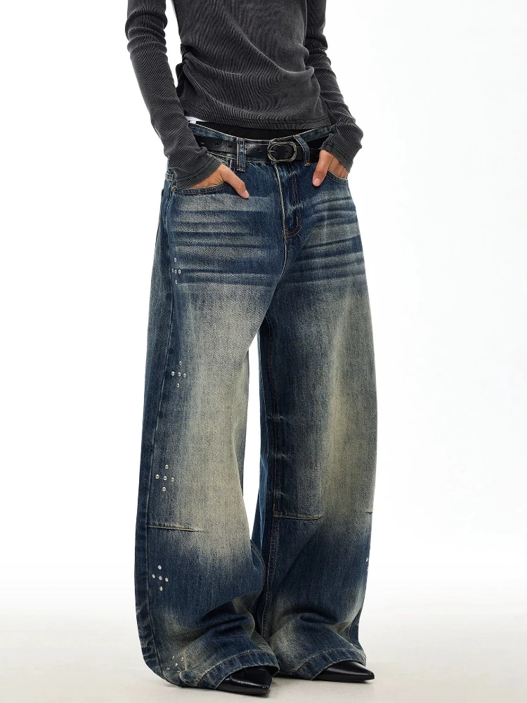 American retro cat whisker washed rivet design sense jeans men's and women's new loose straight mopping wide leg pants