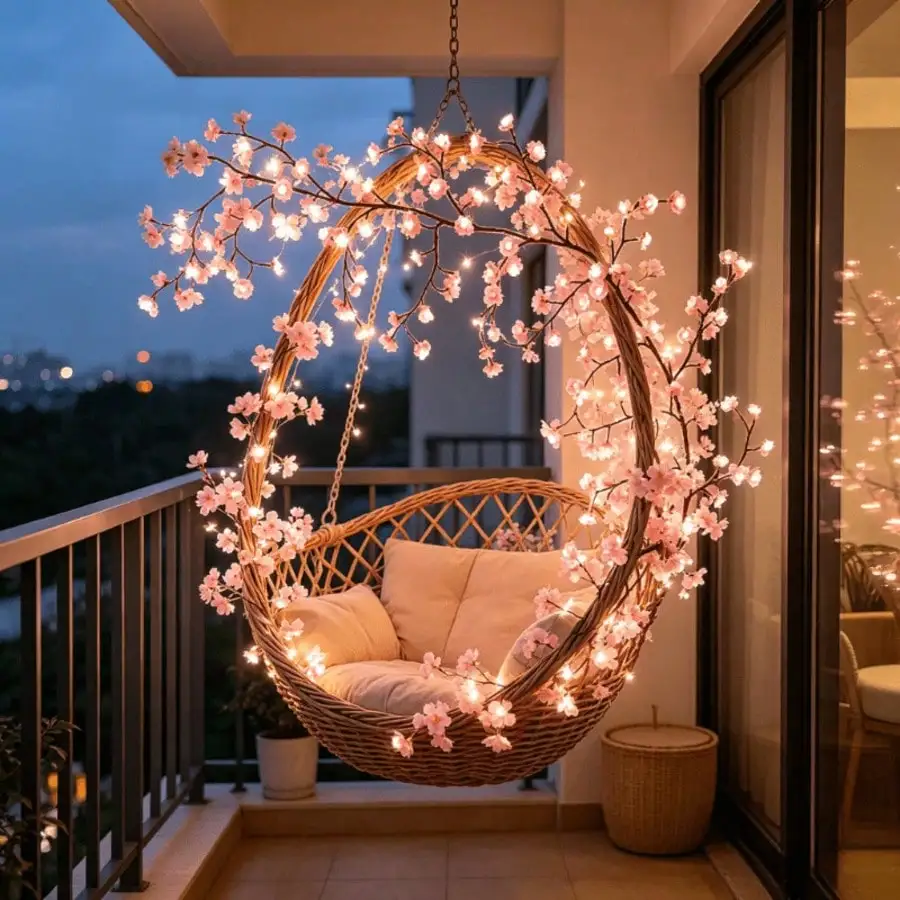 Pink LED Cherry Blossom String Lights (Batteries Not Included), Battery Powered, Portable Hanging Light