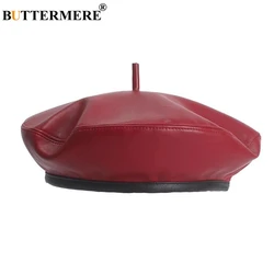 BUTTERMERE Leather Women French Military Beret Female Flat Cap Red Ladies Pumpkin Hat Adjustable Vintage Autumn Winter Flat Cap