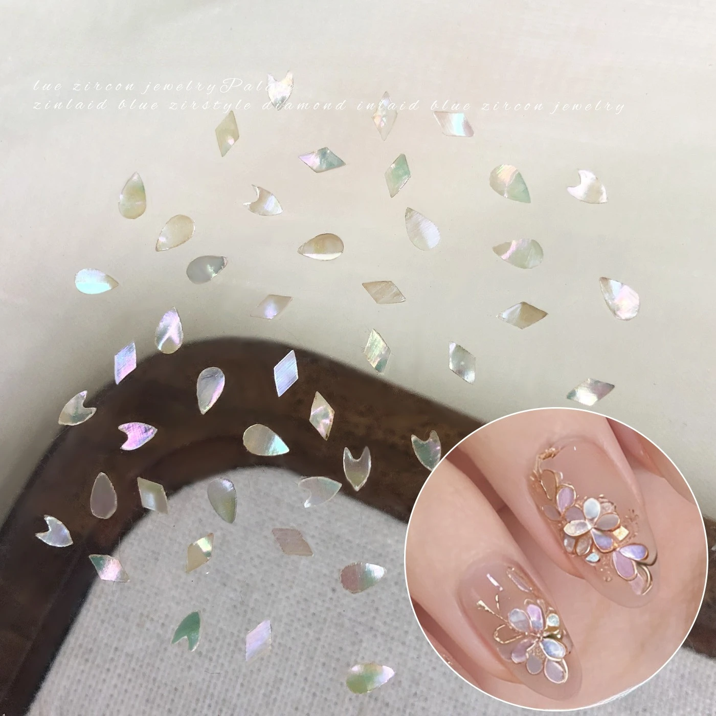 19Pcs Shell Spliced Petal Nail Charms Aurora Iridescent Ultra‑thin Water Drop Shaped Nail Decorations