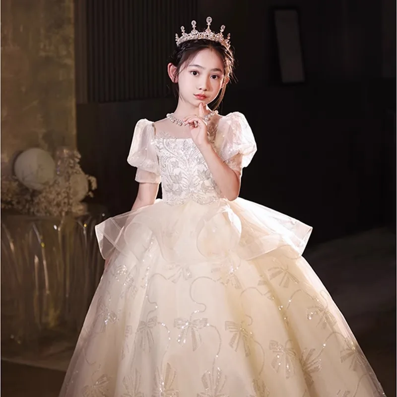 New Champagne Color Girls Stage Catwalk Performance High-end Birthday Banquet Princess Children's Sweet Dress