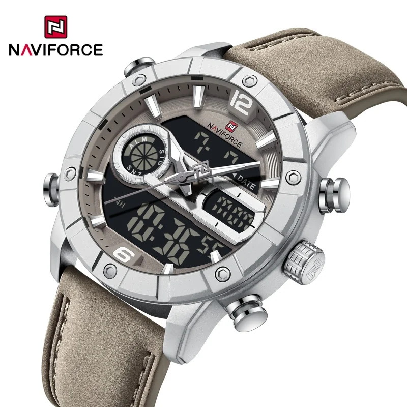 NAVIFORCE NF9263 Waterproof Watch Luminous Display Genuine Leather Strap Multi-Function Chronograph Countdown Timer Alarm NF9263