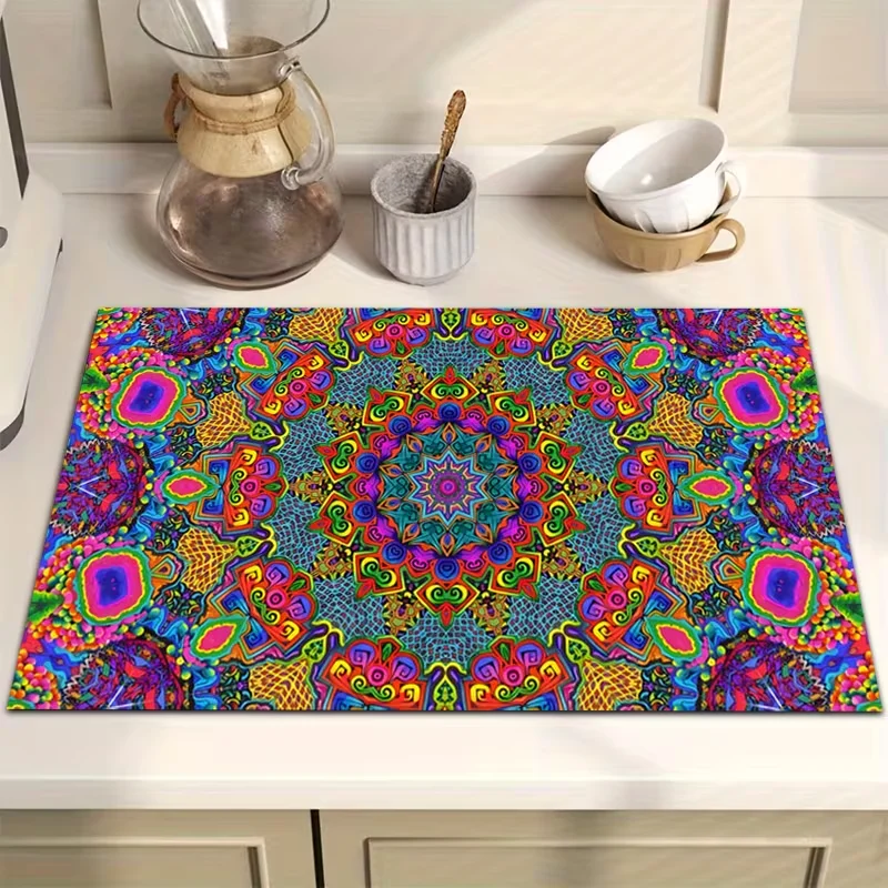 1 Stück bunte Küchenarbeitsplattenmatte mit Mandala-Design, weiche und saugfähige Küchenmatte und farbenfrohe Heimdekorationstrockenmatte für Kaffeebereiche