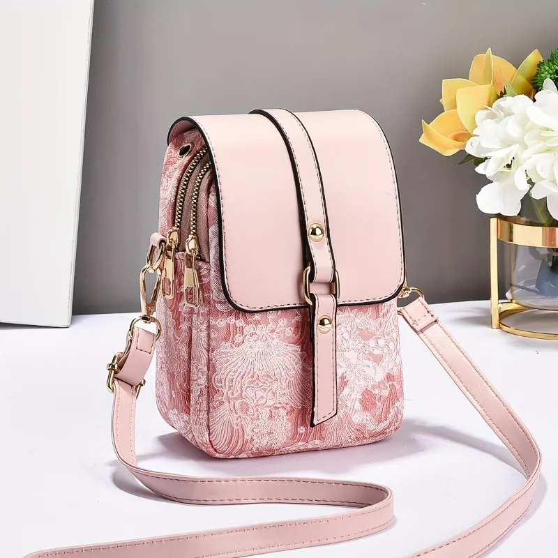 Casual Floral Leather Phone Bag Mini Crossbody Bags with Faux Leather Accents Practical Versatile for Women Daily Shoulder Purse