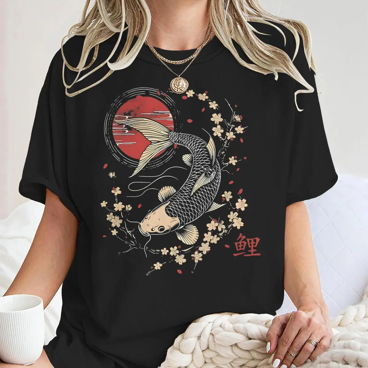 

Cherry Blossom Koi Carp Fish Japanese Sakura Graphic T-Shirt Fashion O-neck Tops Tees Tshirt Women Short Sleeve T Shirt Fashion