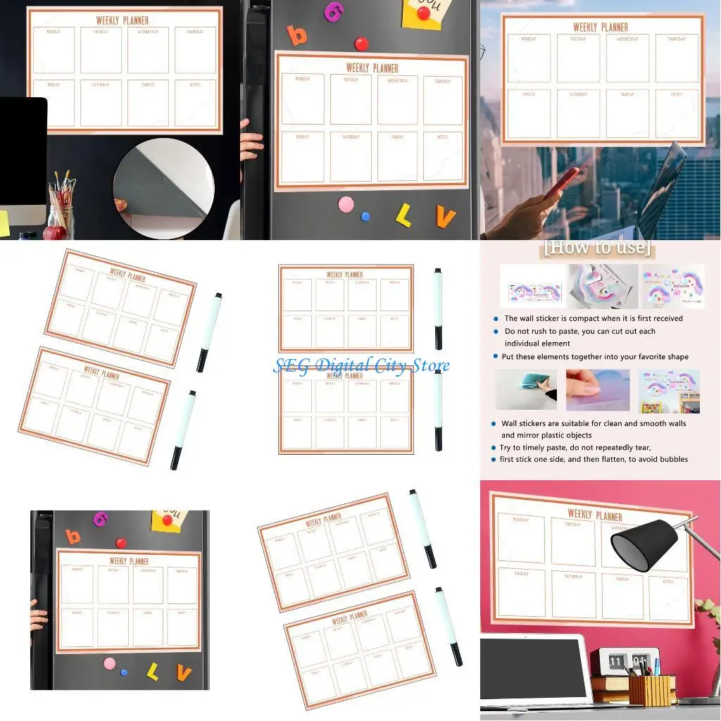 U75B 2Pcs Erasable Fridge Weekly Planner PVC Whiteboard Chore Chart Board For Kitchen