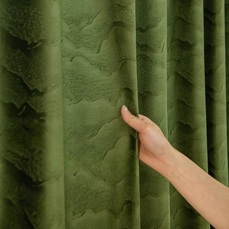 

French Light Luxury Green Landscape Blackout Embossed Velvet Curtains for Living Dining room Bedroom Finished Product