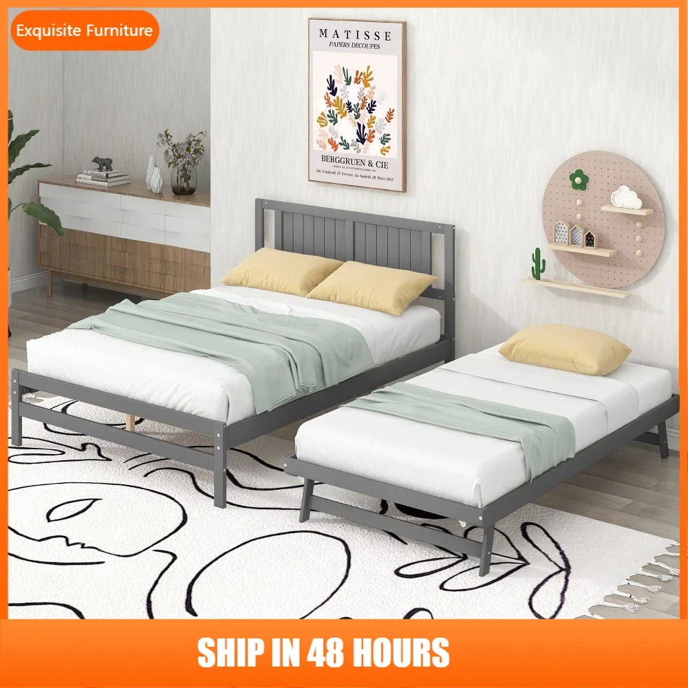 

Full Size Platform Bed with Adjustable Trundle,Gray