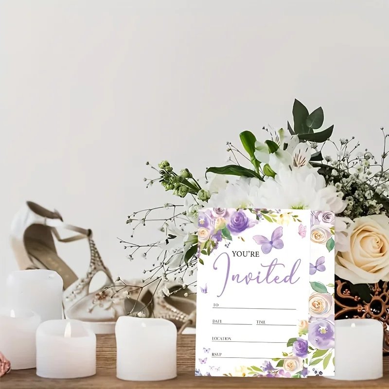 20pcs Purple Watercolor Flower Butterfly Invitation Letter, Suitable for Girls' Baby Party, Wedding, Birthday Celebration