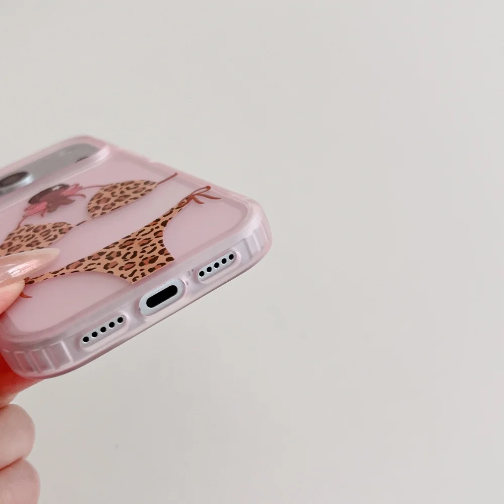 Cute Cartoon Leopard Print Bikini Phone Case For iPhone 17 16 15 ProMax Transparent Pink Border Soft Shockproof Protective Cover view 6