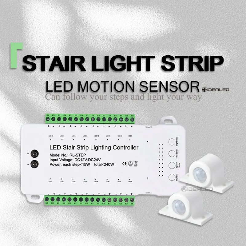 LED Motion Sensor COB Light Strip Stair 16 Channel Smart Controller Indoor Motion Night light for 12-16 Step Stair Lights