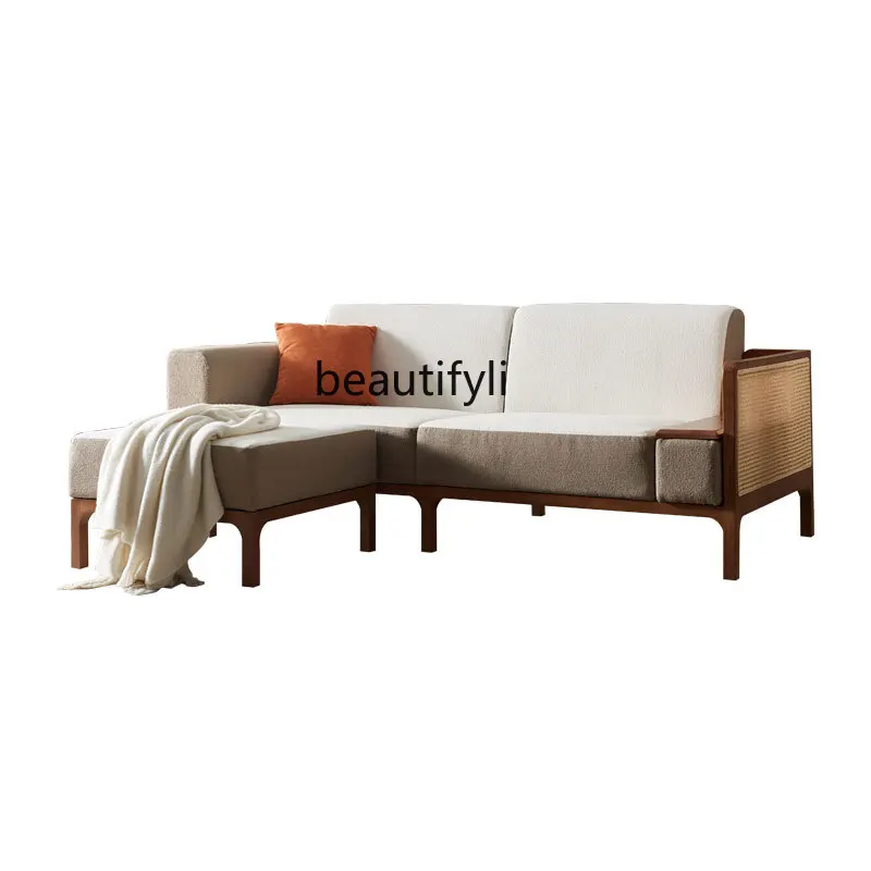 

Nordic Solid Wood Rattan Leisure Chair Three-Seat Balcony Leisure Fabric Double Sofa Combination