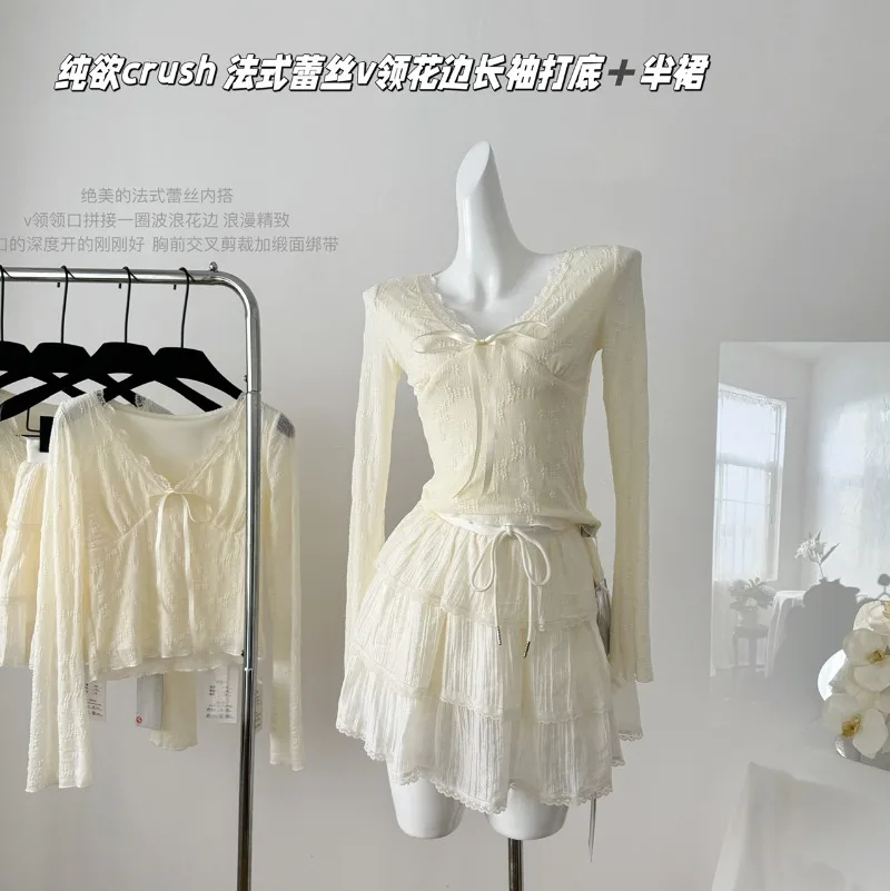 

Sweet Hot Girl Pure Sexy Suit Women's Autumn V-neck Lace Shirt High-waisted A-line Skirt Two-piece Set Fashion Female Clothes