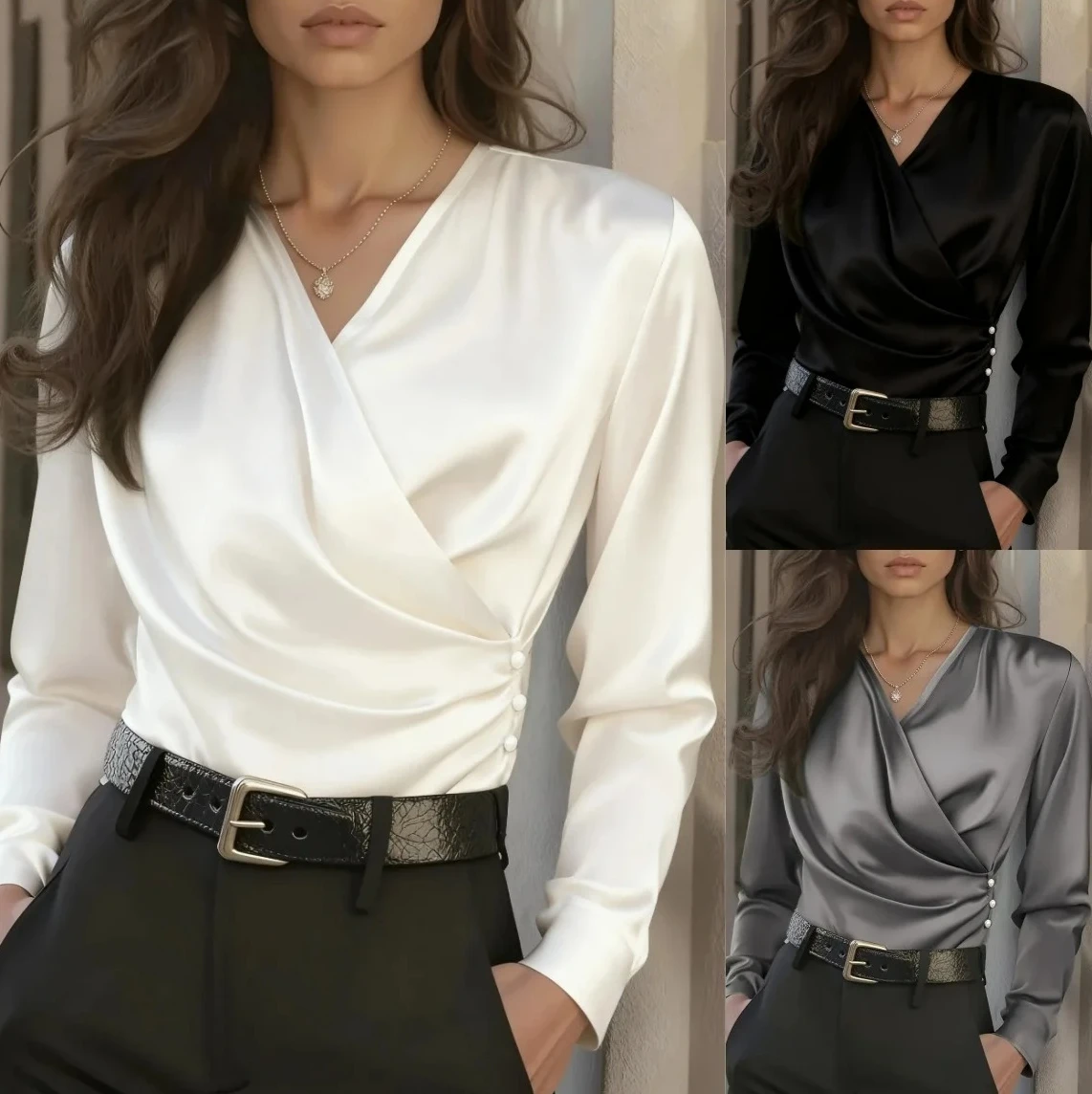 

Women's Long Sleeve V-Neck Elegant Satin Wrap Blouse Button Detail Top for Office Casual Wear