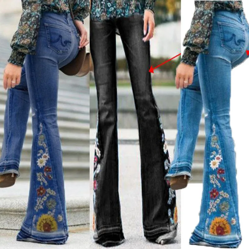 Women's New Denim Wide-legged Pants Embroidered Embroidery Denim Flare Pants Factory Direct Delivery