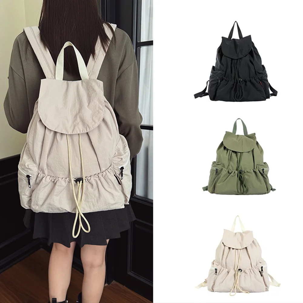 Drawstring Backpack Nylon Rucksack Ruched Design Large Capacity Lightweight Multi Pockets For Daily Travel Outdoor Walking