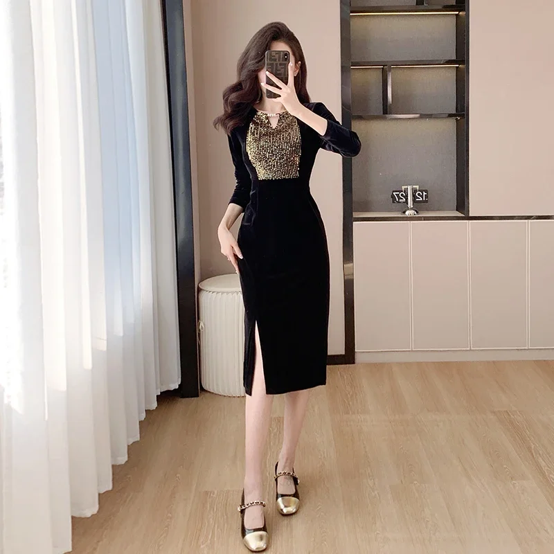 Elegant 2024 Autumn New Sequined Golden Black Velvet Slim Long Dress Formal Party Dress