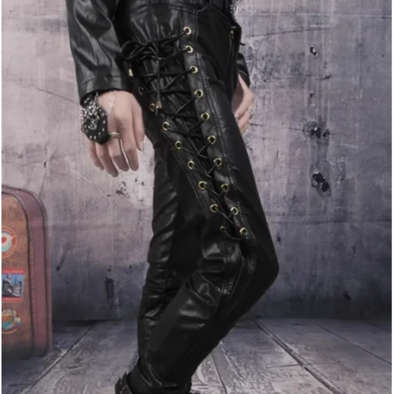 

2026 European and American Solid Color PU Strap Casual Men's Leather Pants