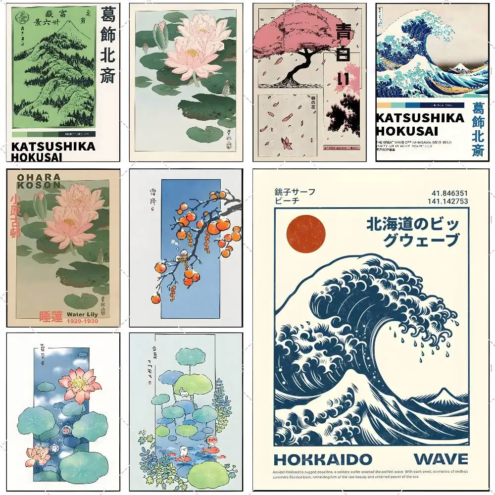 ملصق فني ياباني من Hokusai Ohara Koson ملصق فني عالي الوضوح ذاتي اللصق مقاوم للماء لتزيين المنزل لغرفة المعيشة