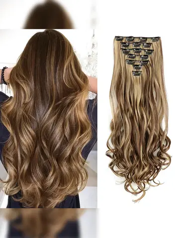 Clip In Hair Extensions 7 PCS Full Head 22 Inch Long Curly Wavy Synthetic Hair Pieces Natural Wavy For Women Girls Hair