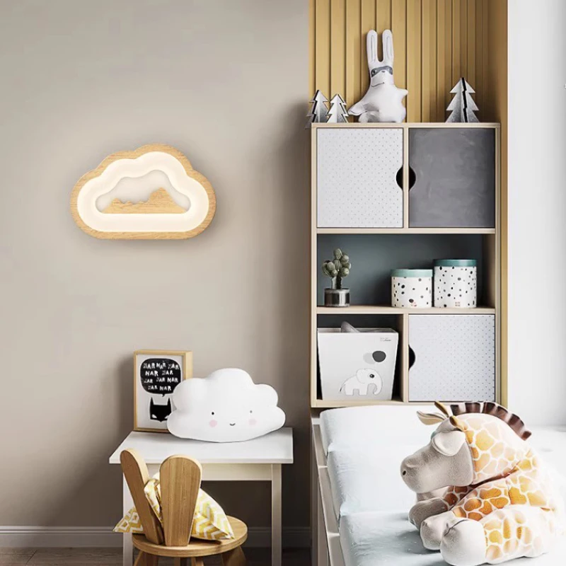 Solid Wood Cloud Wall Lamps Children\'s Room Cloud Lamp Nordic Cream Style Baby Room Nursery Boy Girl Bedroom Bedside Wall Lights