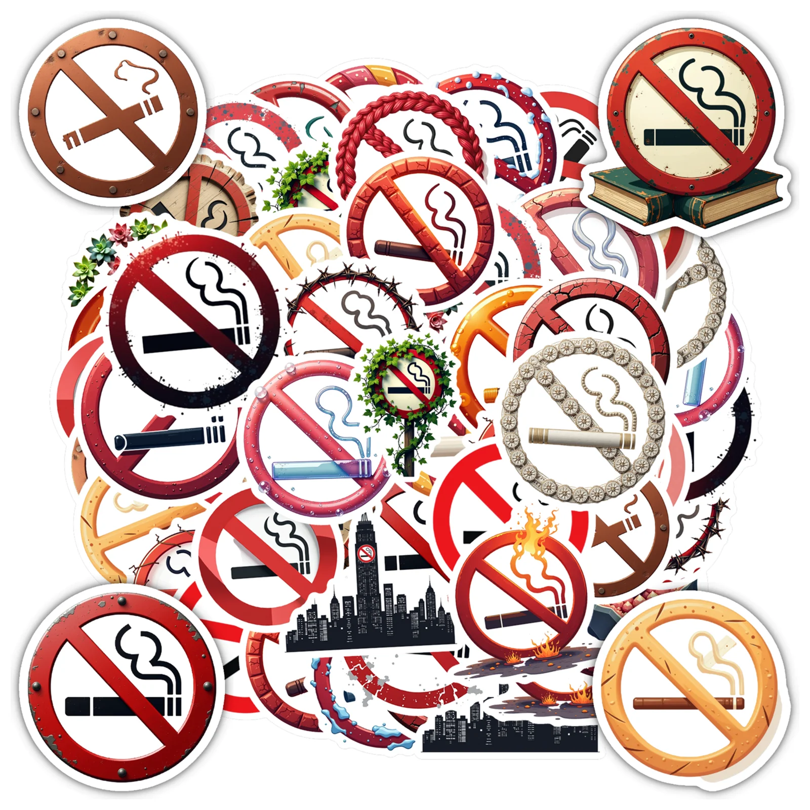 35pcs-70pcs Educational No Smoking Stickers Retro Prohibition PVC Sticker Stationery Stickers For DIY Phone Laptop Scrapbook