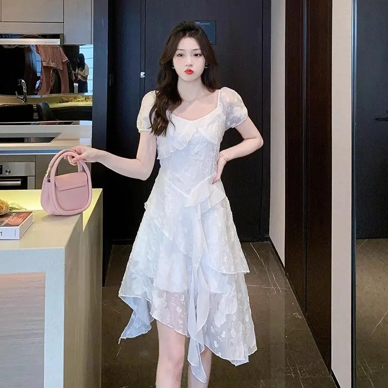 2025 Summer Short Sleeve White Irregular Fairycore Dress for Women Korean Cute Slim Fit Temperament Elegant Vacation Beach Dress