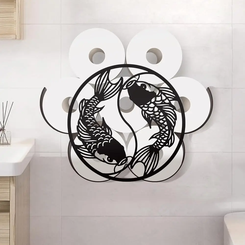 

Free Shipping-Yin Yang Fish Metal Toilet Paper Holder, Black Fish Decorative Metal Toilet Paper Storage for Extra 8 Rolls Funny