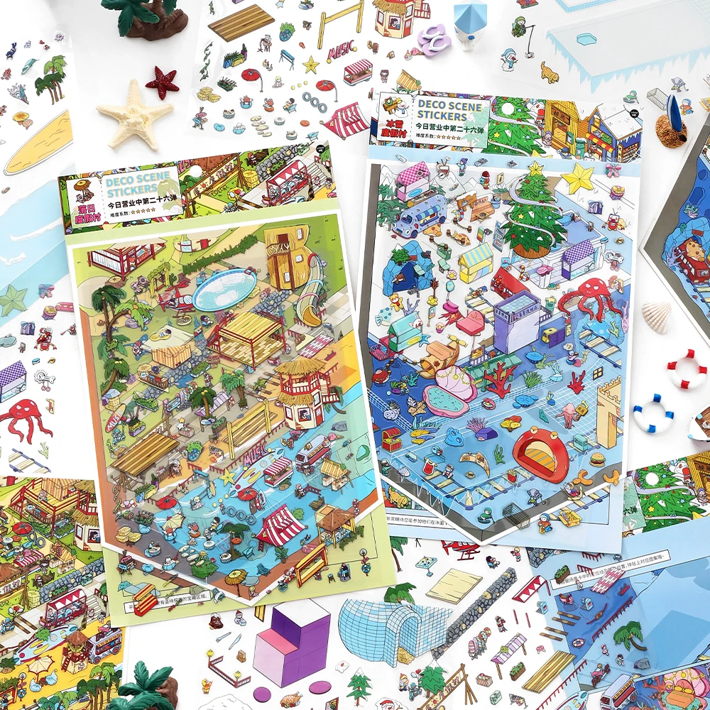2 Packs Ice Resort & Sunset Resort 2.5D Diorama Stickers Extra Large Scene Decals for Journal Scrapbooking Winter Vacation Theme