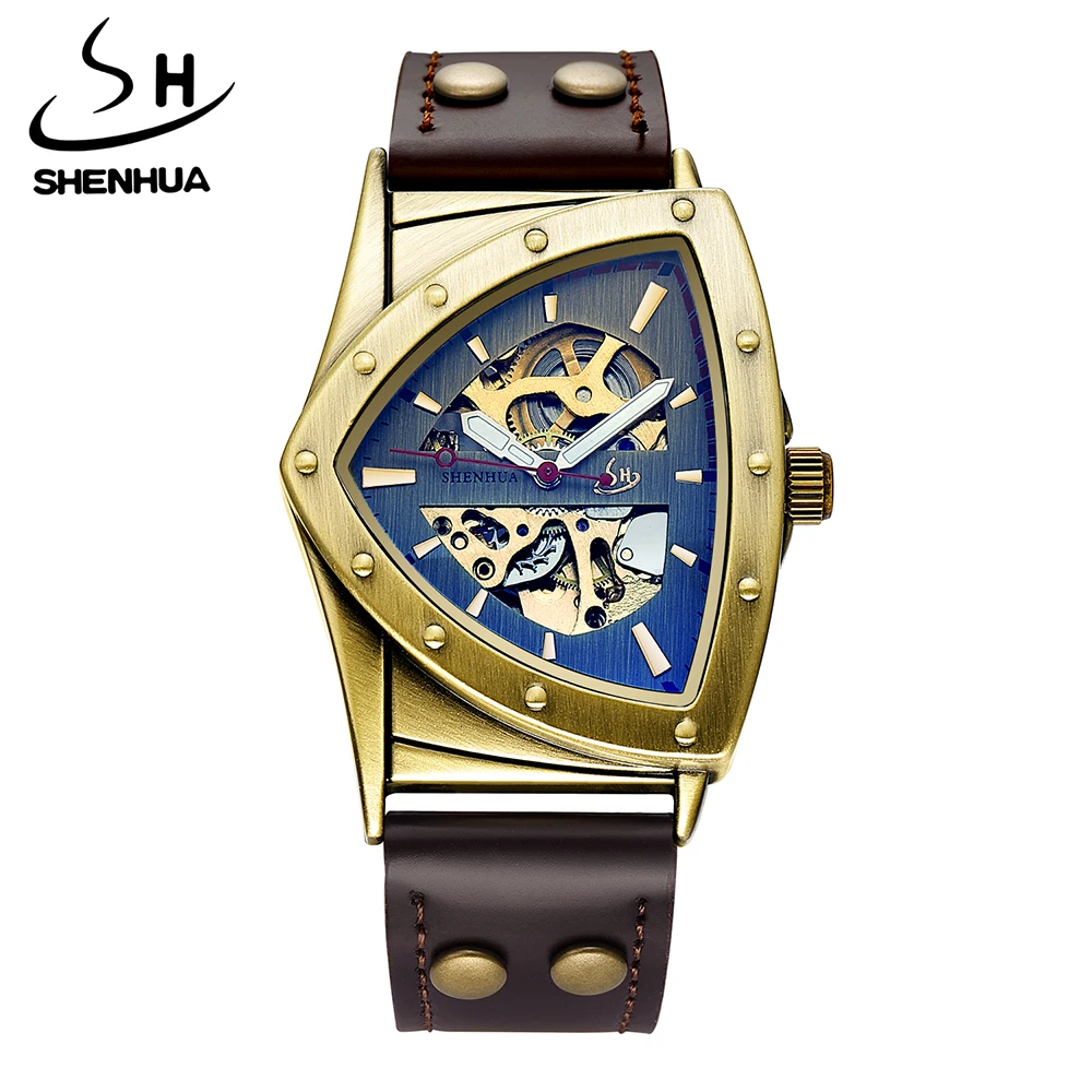 SHENHUA Steampunk สามเหลี่ยมผู้ชาย Skeleton Mechanical นาฬิกา Vintage Hollow Movement สายหนังแฟชั่นนาฬิกาข้อมือ Cool นาฬิกา