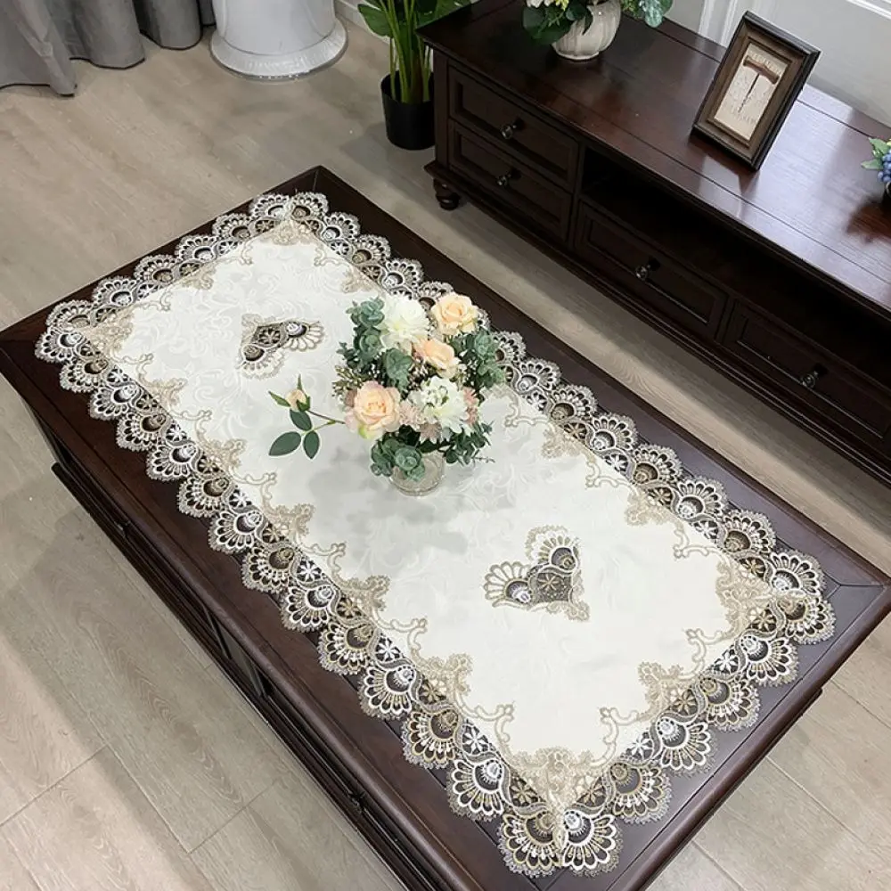 Sophisticated Rectangle Tablecloth Lace Embellishment Fabric Desk Mat Dustproof Cover For Dining Table Wedding Decoration