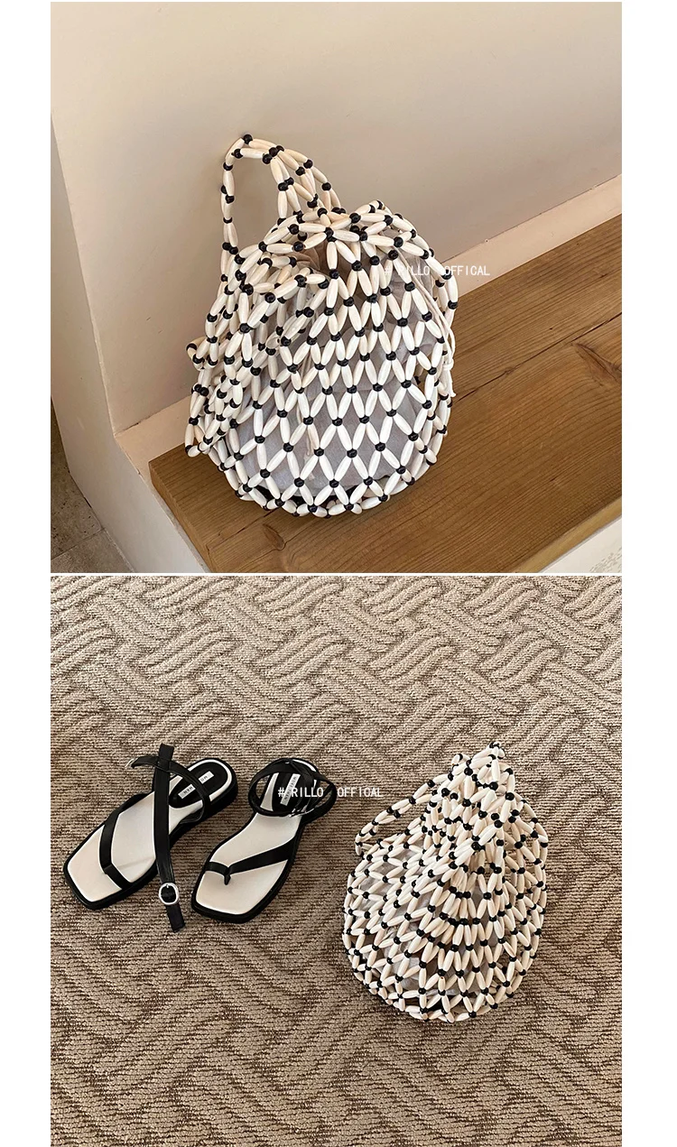 【wonder lamar】Women Handmade big wooden bead beaded hollow out Straw Bag for Summer Beach