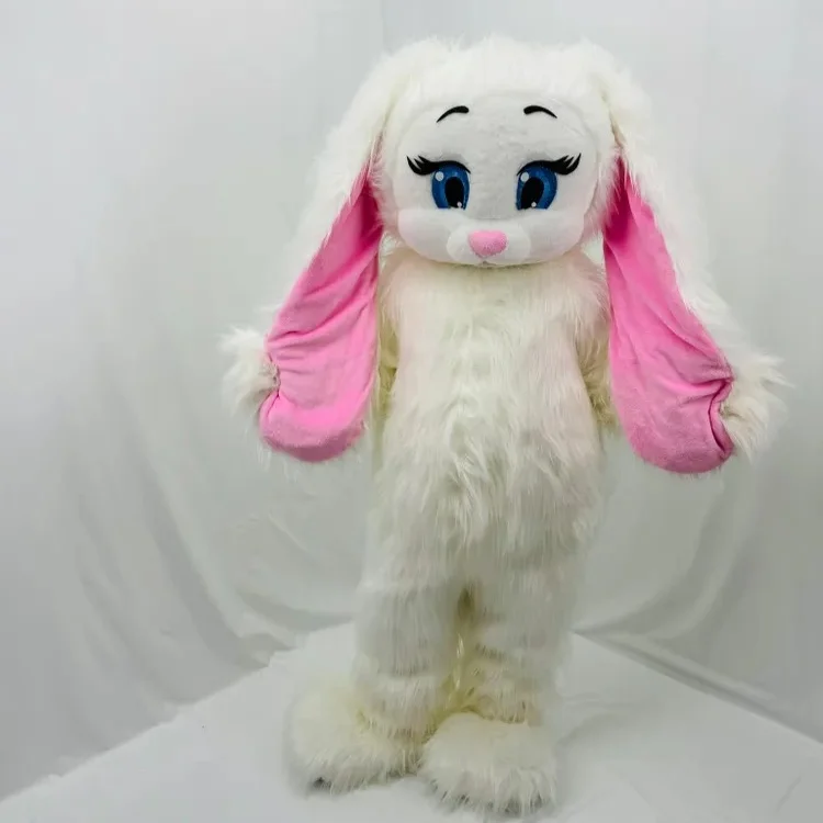 

White Long Fur Rabbit Mascot Costume Easter Bunny Walkiong Doll Blow Up Clothes Inflated Outfits for Halloween Christmas Party