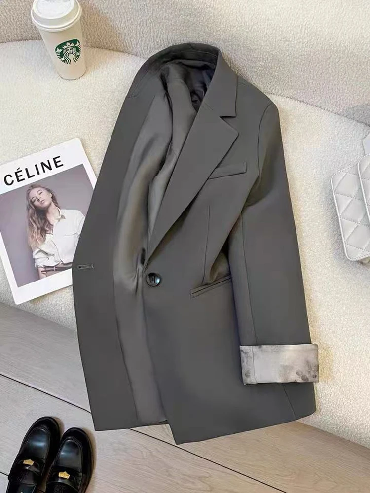 Fashion Patchwork Women Blazer Autumn Streetwear Loose One Button Casual Coat Y2K Korean Elegant Office Lady All Match Outerwear