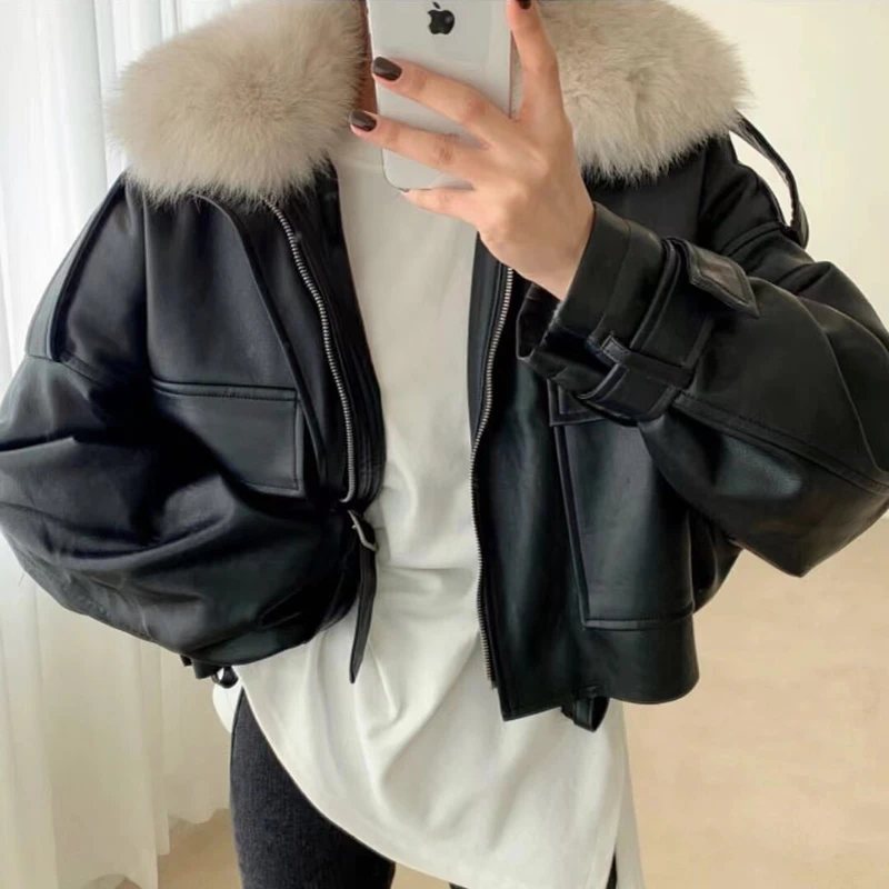 JulyPalette 2022 Autumn Winter Thicken Fleece Short Leather Jacket Fashion Detachable Imitation Fox Fur Collar Women Moto Jacket