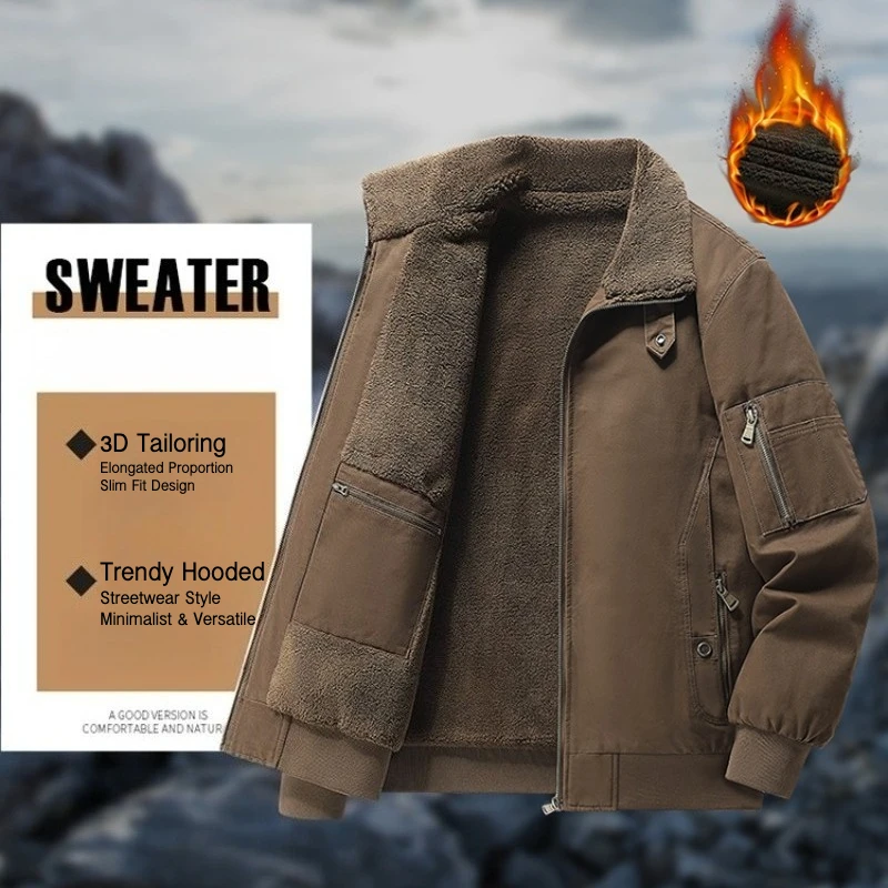 Men Cotton Fleece Lined Stand Collar Jacket Zip Front Regular Fit Long Sleeve Casual Coat with Pockets for Autumn Winter Wear