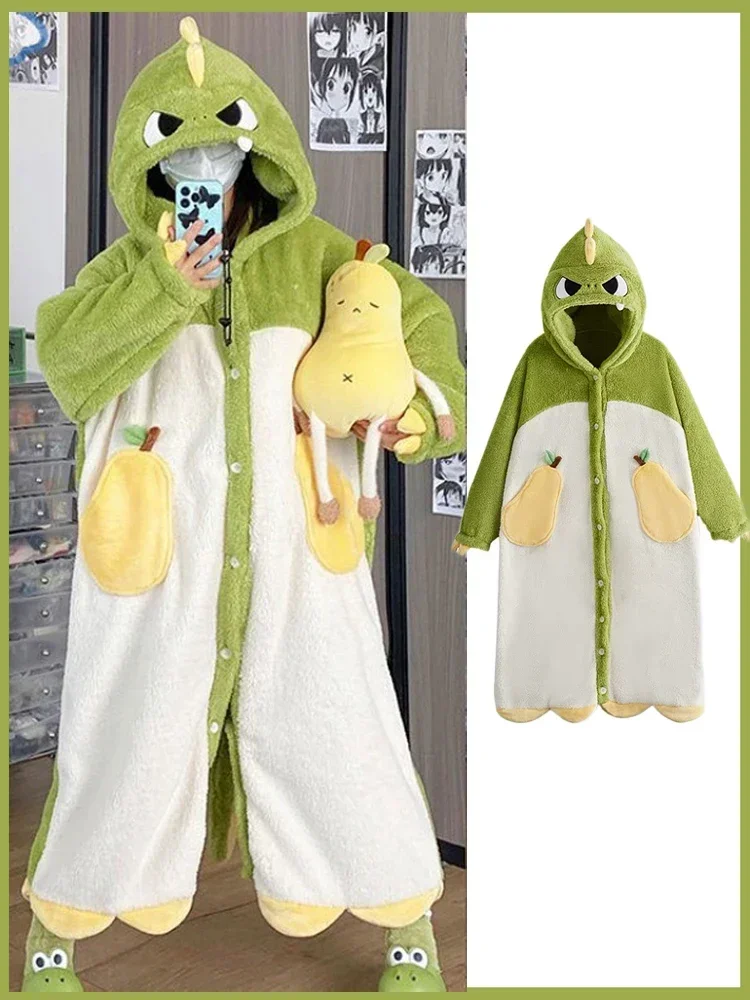 2024 Winter Pajamas For Women Cartoon Dinosaur Hooded Long Robe Cute Home Wear Sleepwear Thick Flannel Comfy Lounge Bathrobe