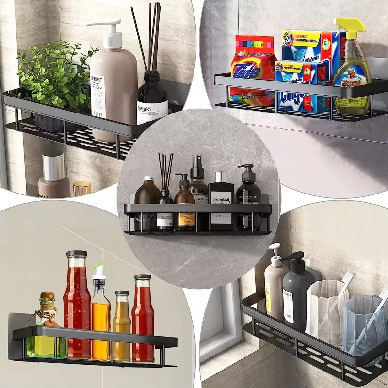 Aluminum Self Adhesive Double Bathroom Shower Shelf Kitchen Corner Racks Shower Caddy Storage Shelves