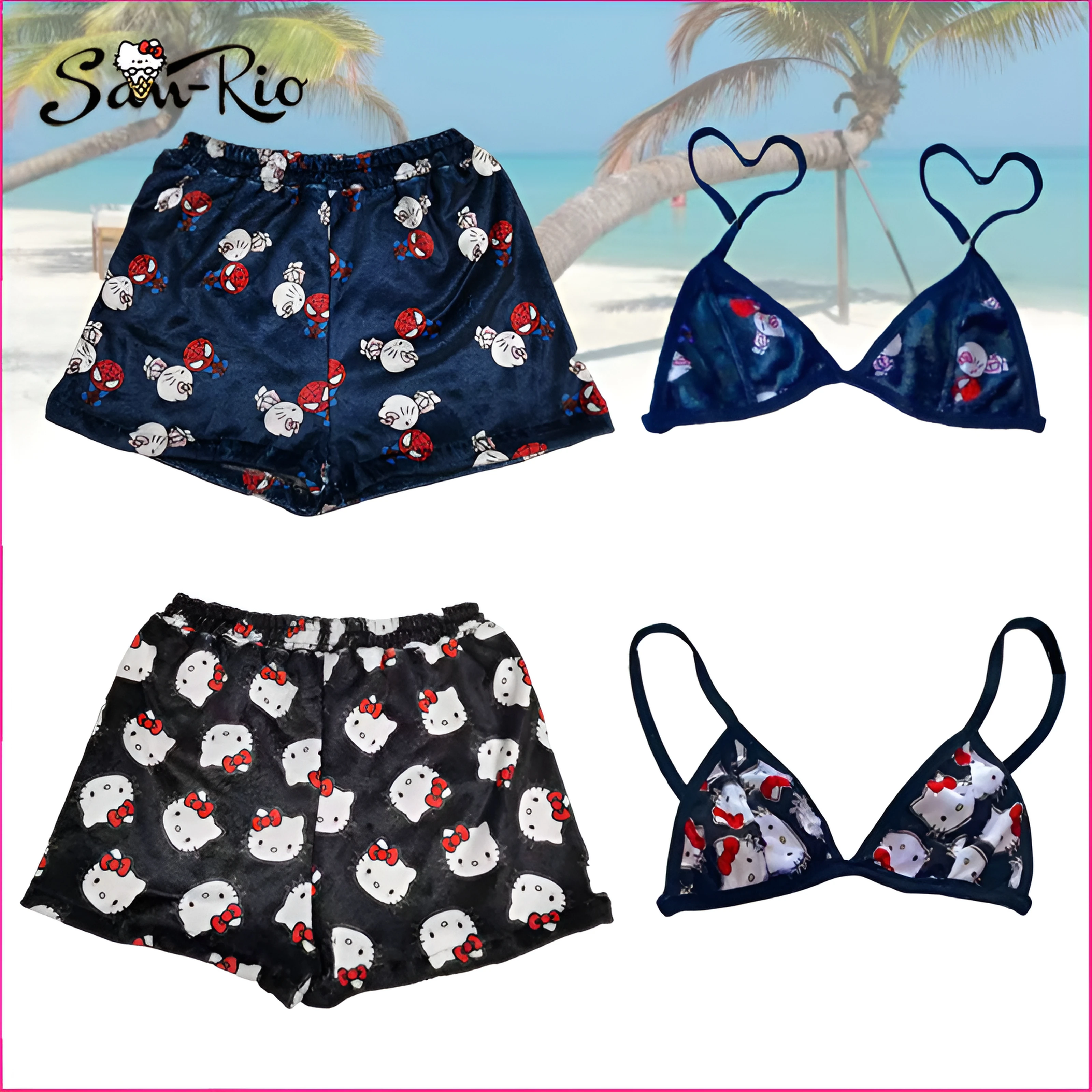 Sanrio Hello Kitty Women Pajamas Set Casual Sleepwear Tank Top Shorts Split Strap Adjustable Sexy Plush Underwear Summer Bikini