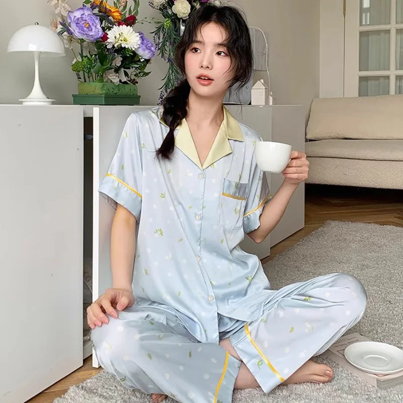

Wholesale New Summer High-end Cartoon Short-sleeved and Long Pants Home Wear with A Cute Style and Ice Silk Pajamas Comfort