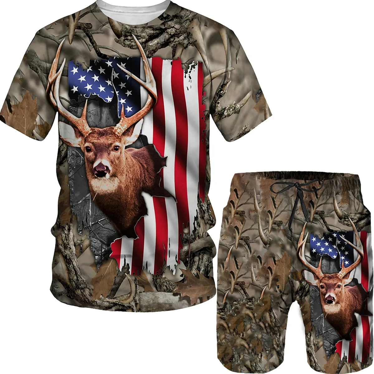 Men's Animal Deer Hunting Camo Print Shorts 2Pcs Sets 3D Print Two Piece Suit O-neck T shirt Women Fashion Sweatshirt  Clothes