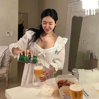 

Sweet And Sexy Home Clothes Dr Lace Trimmed Bubble Sve Spwear Princ Sle Korean Faion Women's Sweater Dr