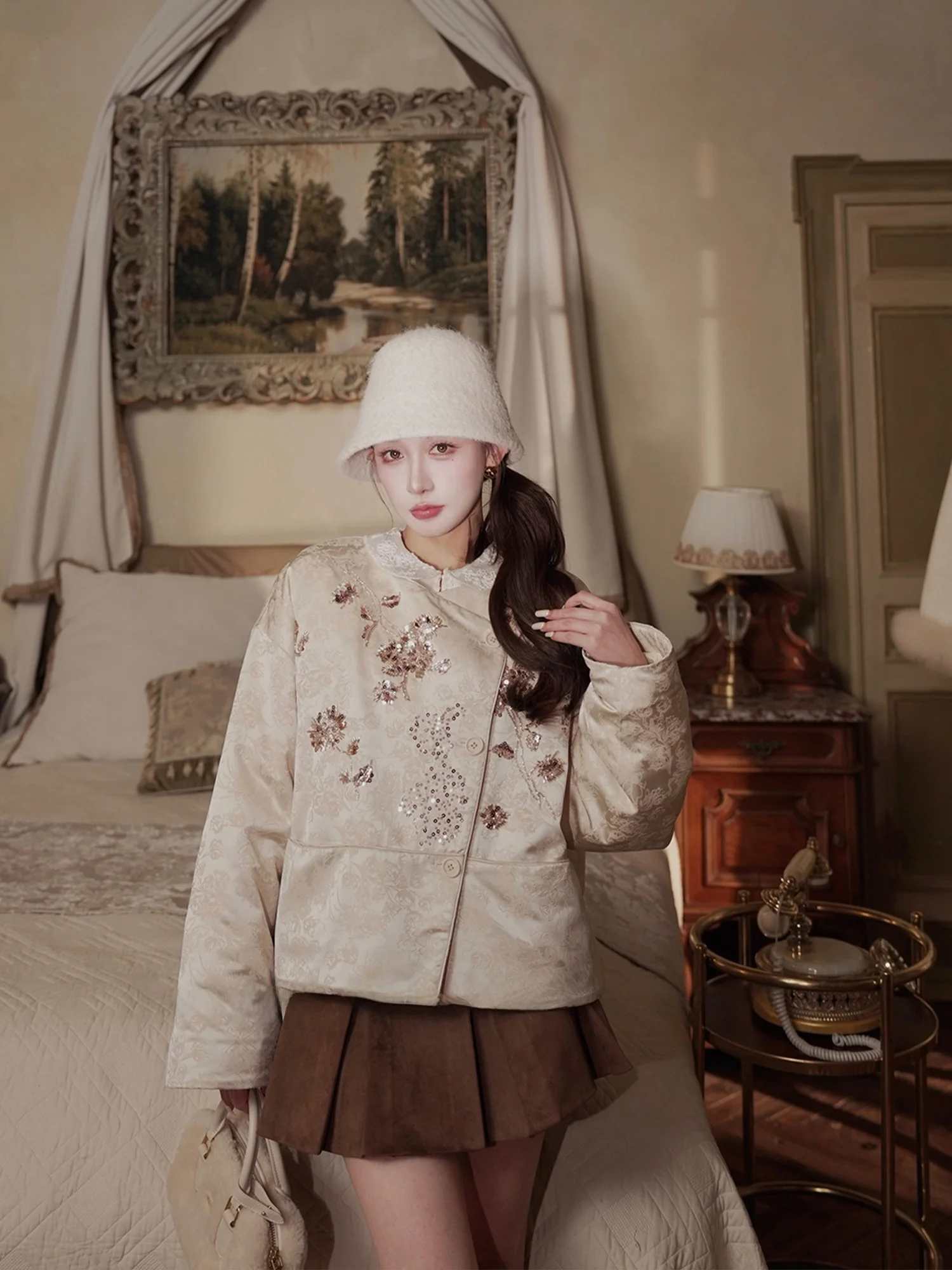 

Original Chinese Sle k Pattern Embroidered 90 White Du down Jaet Outerwear Women's Loose Fit Long Sve Warm Coat