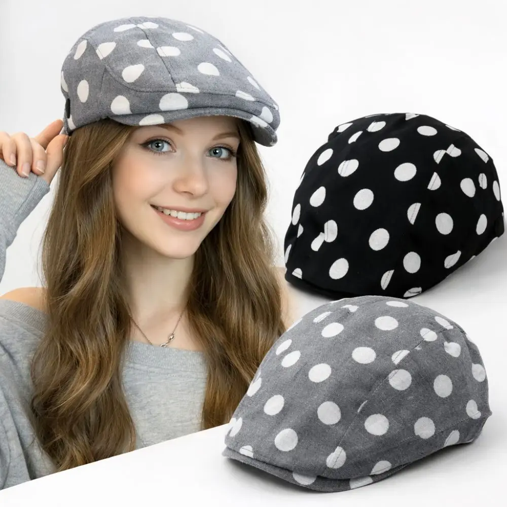 Casual Korean Style Forward Hat Big Head Polka Dot Printing Short Brim Berets Versatile Retro Sun Hat Women's Spring Autumn