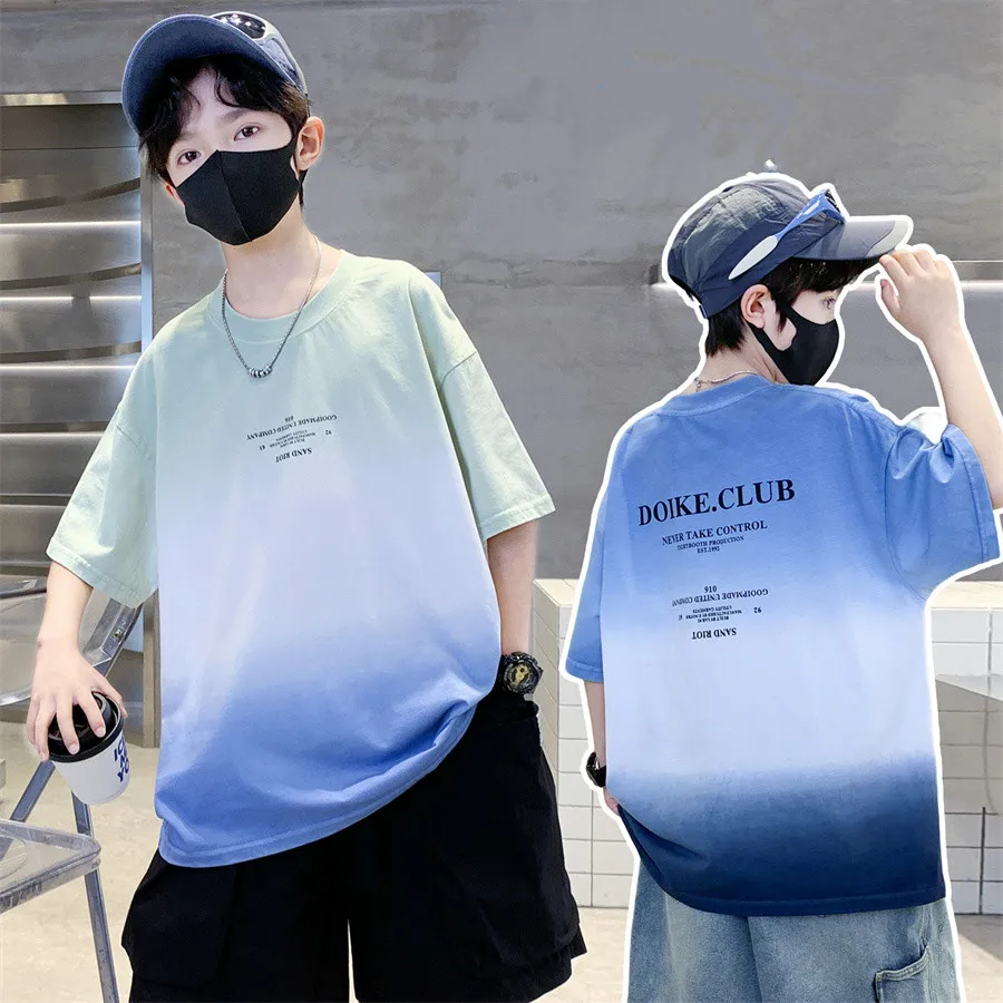 

Kids Summer Candy Color Gradient T-shirt for Teens Boy Casual Short Sleeve Tshirt with Letter Print Children Fashion Tee Tops
