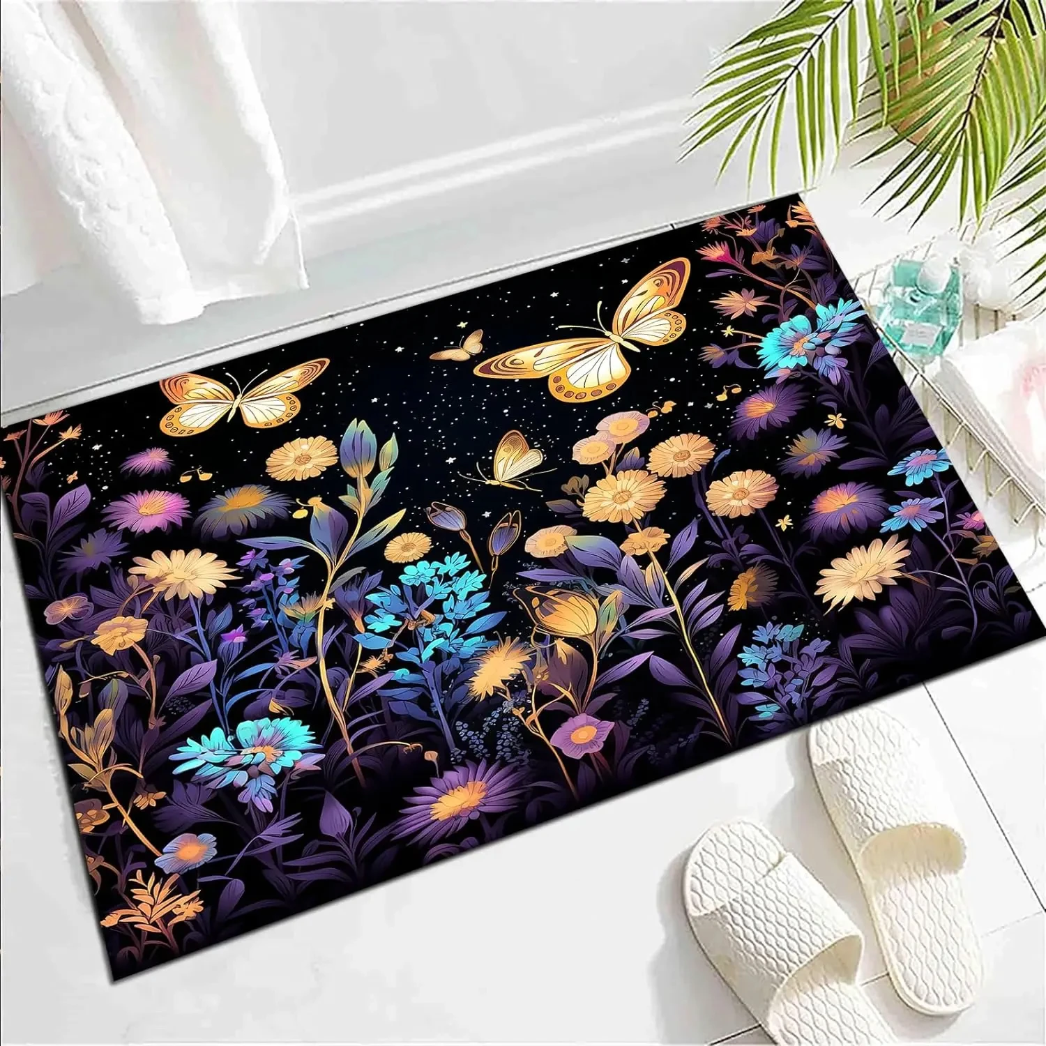 Karpet Boho Motif Kupu-kupu dan Bunga Botani untuk Dekorasi Kamar Tidur, Keset Bergaya Impian, Karpet Lantai Dalam Ruangan Motif Daun Rustic