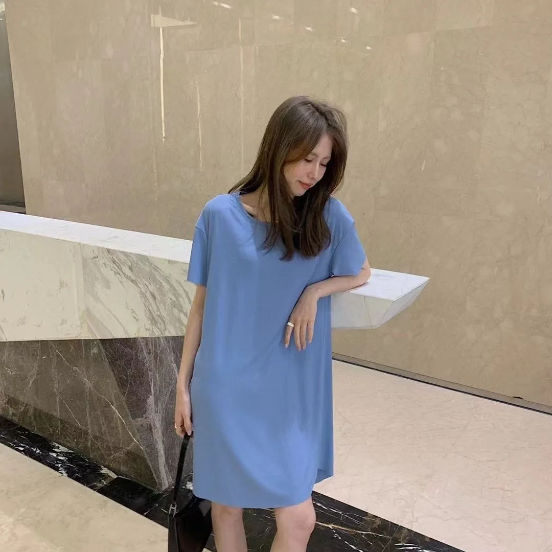 Summer 2026 Fashionable Women's Sleep Dress Elegant Long Ice Silk Cool Dress Loose Student Short Sleeve round Neck Home Wear