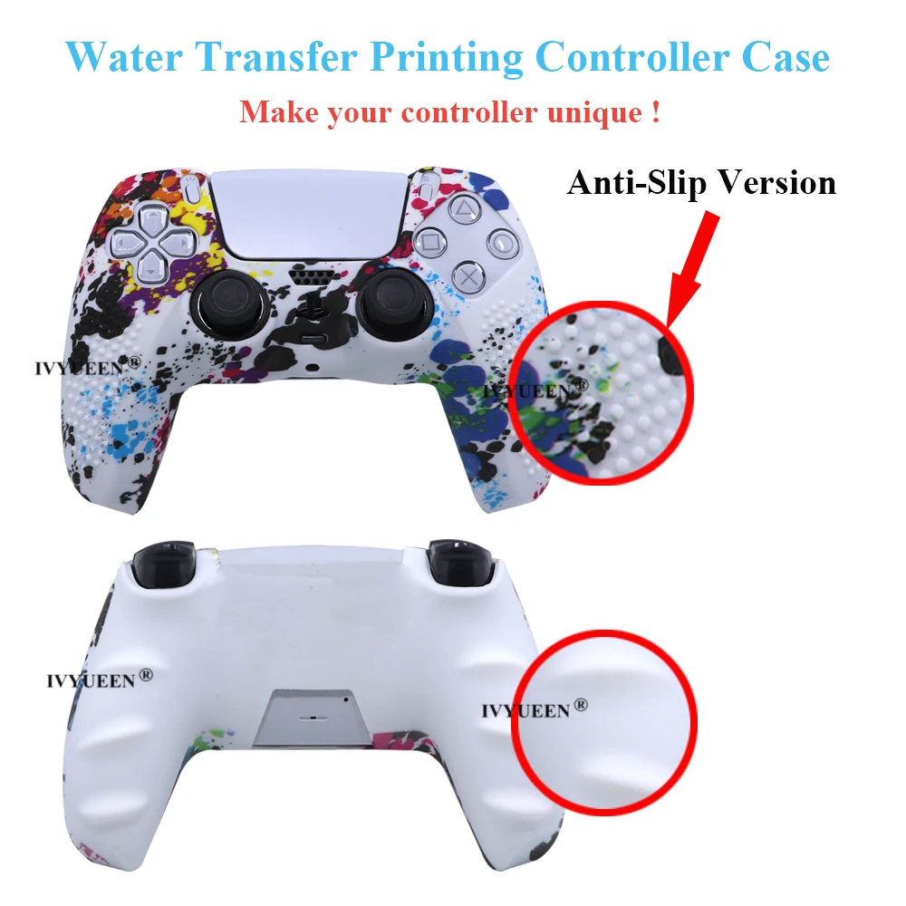 IVYUEEN Anti-Slip Water Transfer Printing Protective Skin for PlayStation 5 PS5 Controller Silicone Case for Dualsense Grip Caps