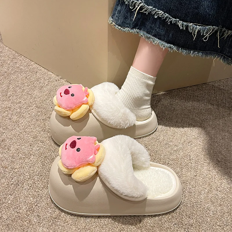 Kawaii Cartoon Anime Loopy Flat-Soled Slip-On Furry Shoes Women's Outer Wear Thick-Soled Warm and Cute Plush Cotton Shoes