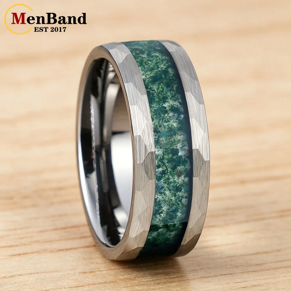 

Dropshipping 4/8MM Hammered Men and Women wedding ring Inlaid Green Moss Agate，Couple's Ring, Engagement Party Jewelry Gift